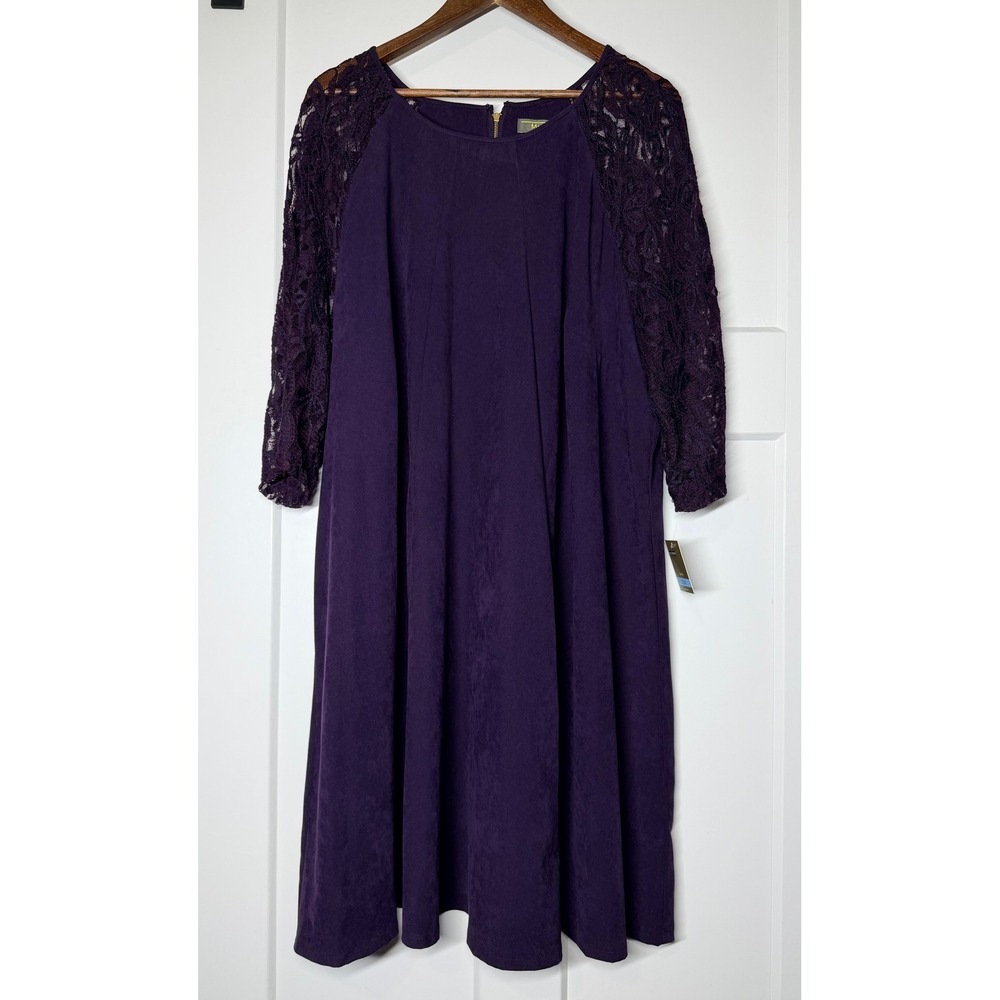 Melonie T Shift Dress Women 20W Purple New Lace Sleeve 53056LT Raglan Round Neck